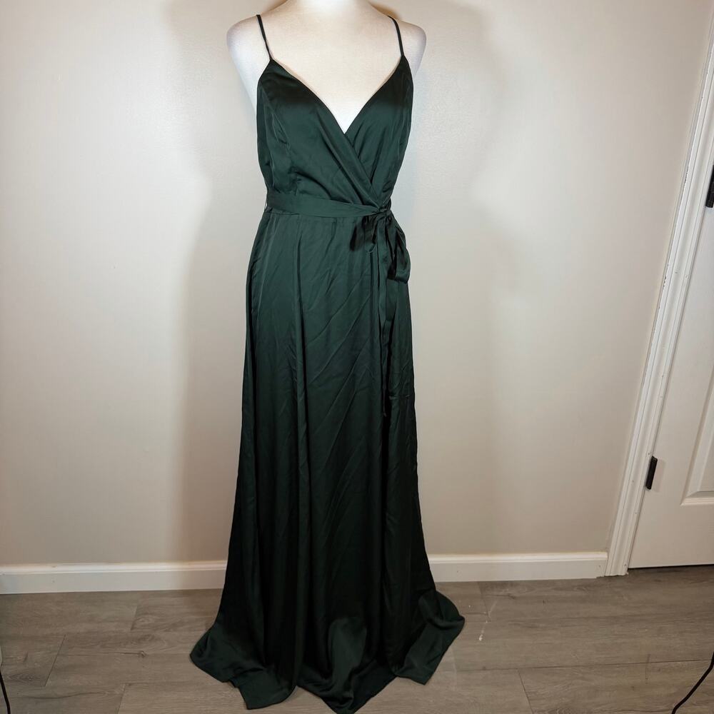 Baltic Born Dark Green Satin Belted V-Neck A-Line Dress Womens M Formal